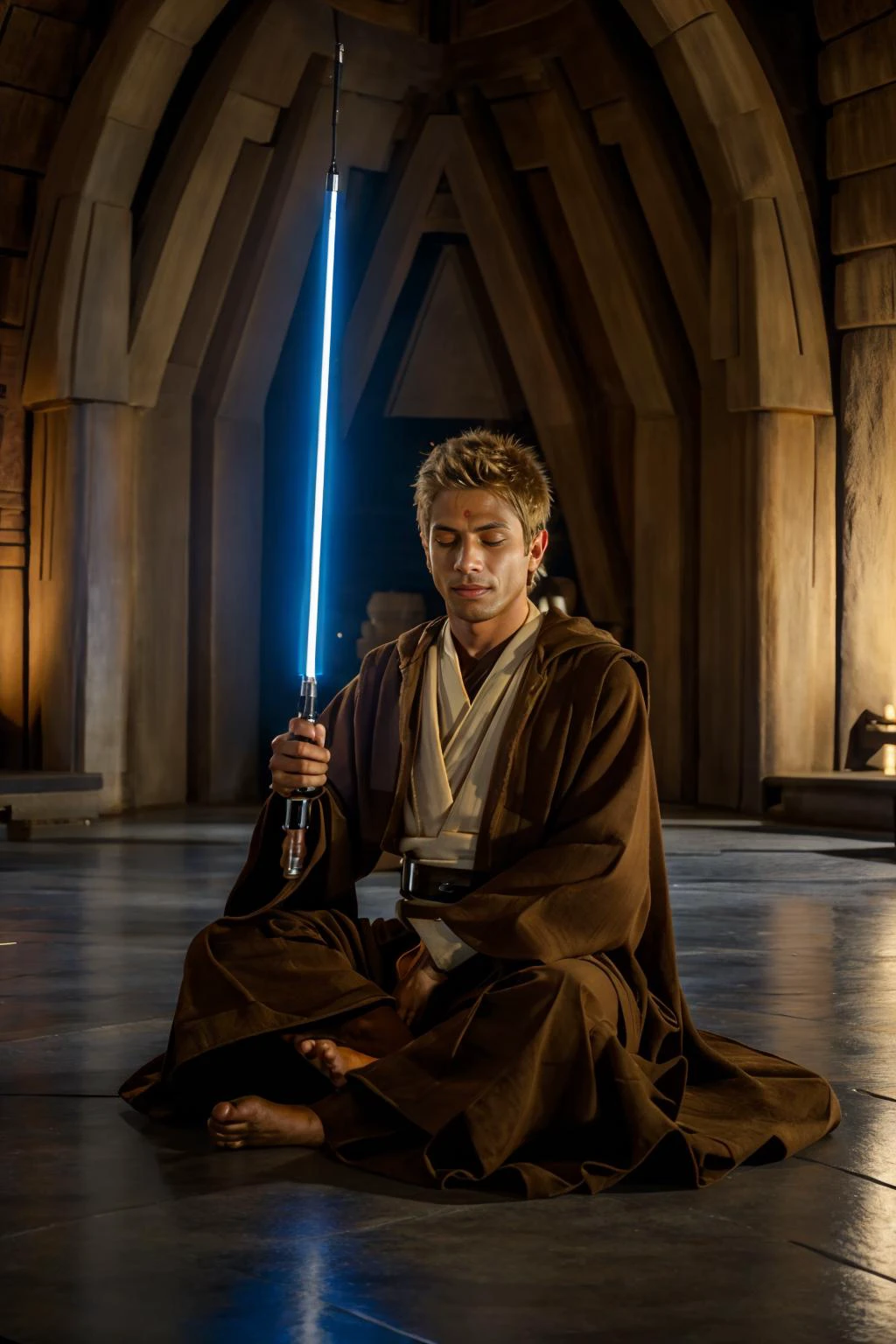 (Jedi temple), (sitting Indian style:1.5), JackHarrer  in jedioutfit, eyes closed, (meditating), (((full body portrait))), (wide angle) 