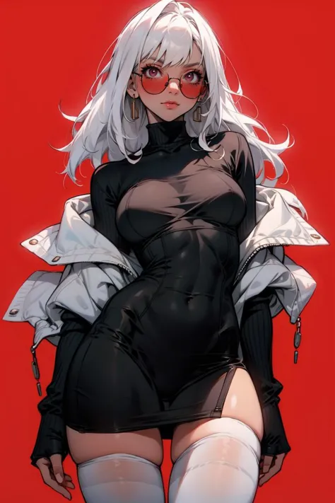 (masterpiece, best quality), absurdes, woman, white hair, sunglasses, white thighhighs, red background,   <lora:GoodHands-beta2:1>