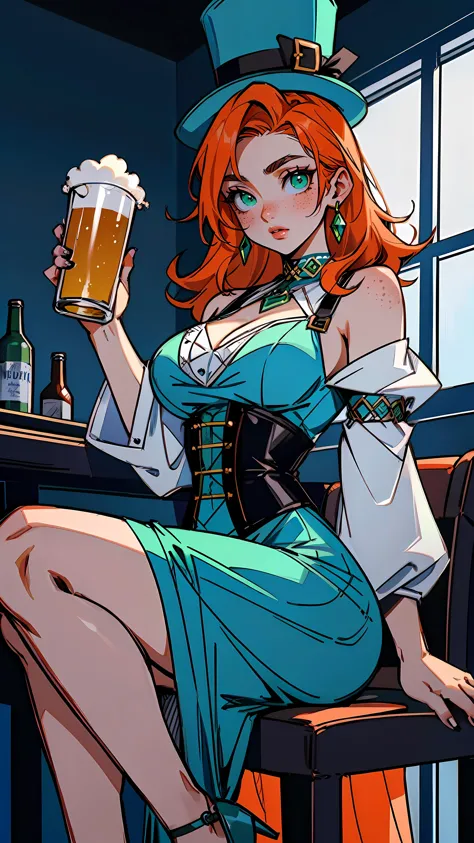 a woman in a green dress and hat holding a beer