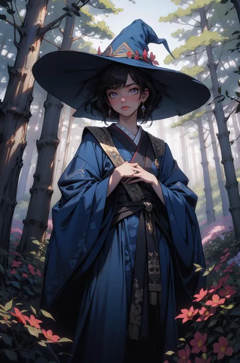 masterpiece, trending on artstation, 8k wallpaper, 8k, intricate details, absurdes, highest quality, wizard surrounded by cherry trees, extreme beauty, beautiful, leaves and flowers surrounding, forest, garden, dynamic shot, dynamic angle, natural pose, blue robe, wizard hat,