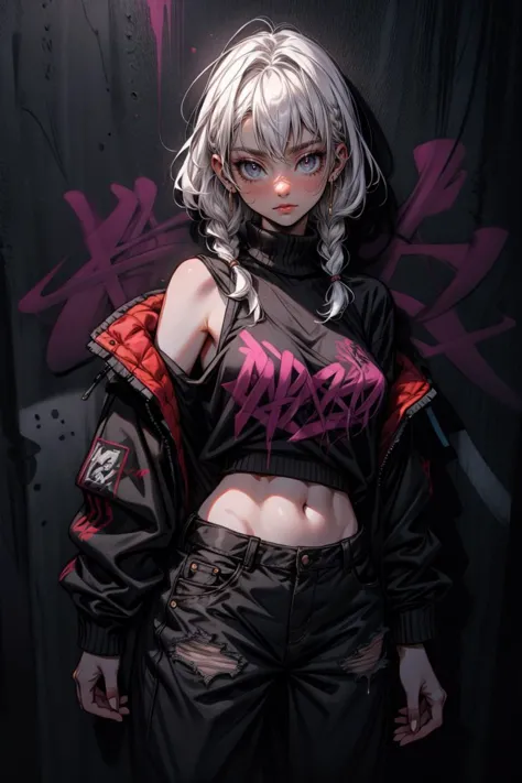 a woman with white hair and black clothes standing in front of graffiti