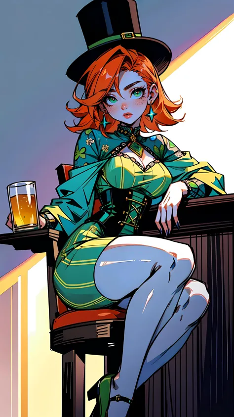 a close up of a woman sitting at a bar with a glass of beer