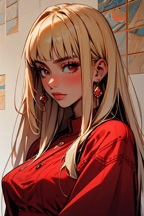 anime girl with long blonde hair and red shirt