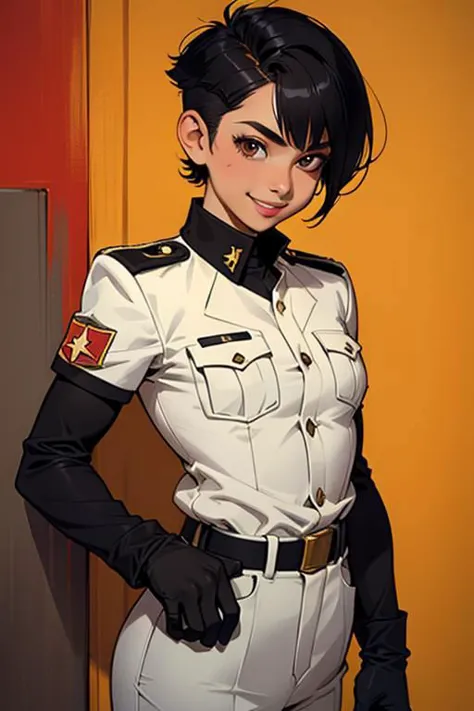 a woman in uniform standing next to a door