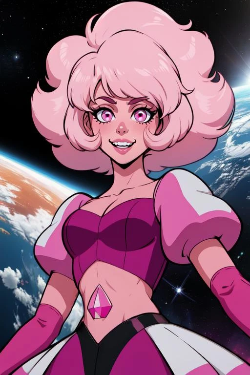 pnkdamond, pink hair, pink eyes,  big hair,  stomach gem,  pink skin,  toned, 
puffy short sleeves, elbow gloves ,  white thighhighs,   puffy dress, 
standing, upper body, 
 outerspace,  
(insanely detailed, beautiful detailed face,beautiful detailed eyes, masterpiece, best quality) cinematic lighting,  smile, 
 