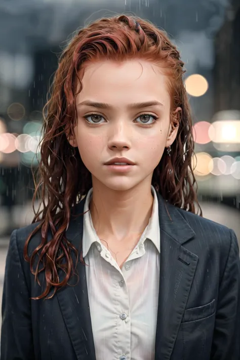 (DollieNobodySD15:0.8) portrait beautiful ginger woman wearing a business suit long sleeve button shirt caught in the rain curly...