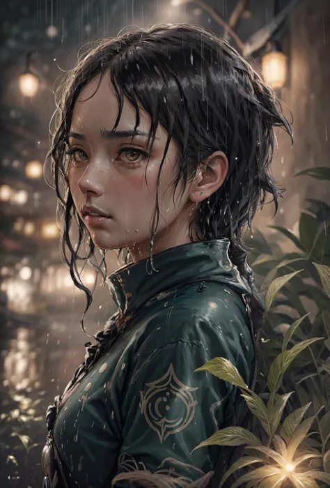 venti (genshin impact), portrait beautiful woman caught in the rain wet hair (masterpiece:1.2) (illustration:1.2) (detailed) (in...