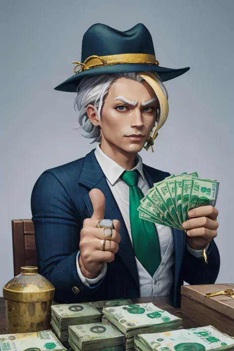 a close up of a person in a suit and tie holding money