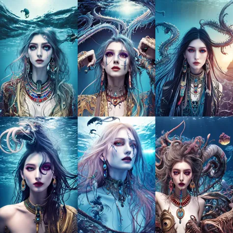 a group of women with different makeups and hair in the ocean