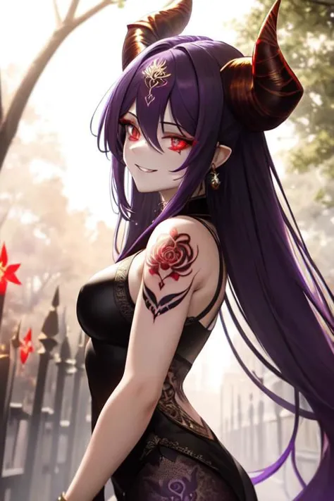 high quality. masterpiece, 8k, street, tree, road, tree canopy, upper body, face focus, 1girl, arrogant, mei, horns, long hair, (purple eyes:1.1), purple Amethyst hair, evil smile, big grin, golden red copper sliver tattoo black leggings, Amethyst laced glow tattoo black bodystockings, lace fractal red and golden glow enhanced skeleton Amethyst black tattoo bodysuit, red flower tattoo, long glow hair, glow golden earrings, red eyes, white face, tattoo mark mask tattoo, arrogant, she is standing, sunlit, weak lights and shadow, tree canopy, street, red flowers, evergreen, face focus,