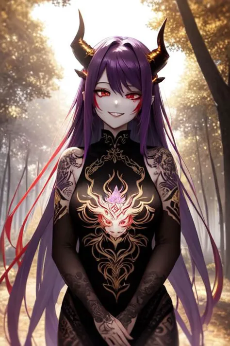 a woman with purple hair and horns standing in a forest