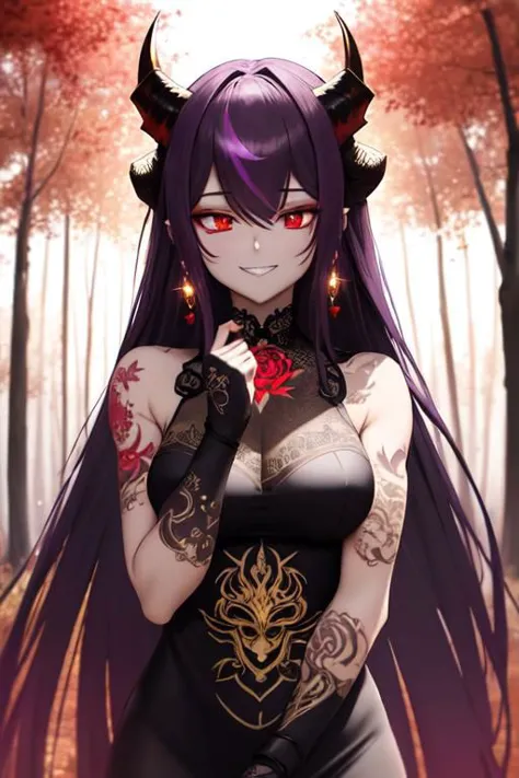 a woman with horns and tattoos standing in a forest