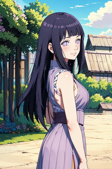 (((masterpiece))), HinataHyuga, blush, smile, 1girl, solo, long hair, looking at viewer, large breasts, black hair, purple eyes,...