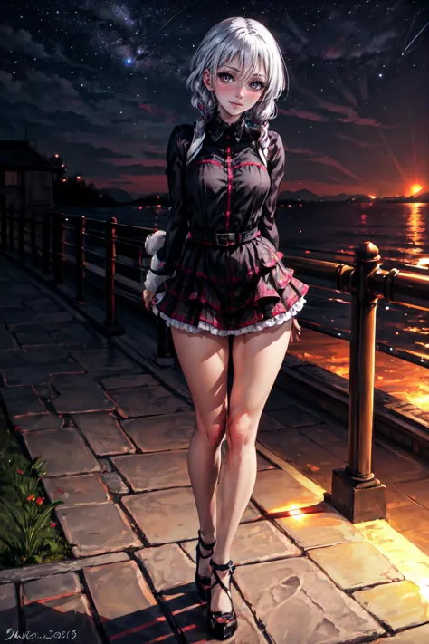 anime girl in short skirt and black top standing on a sidewalk