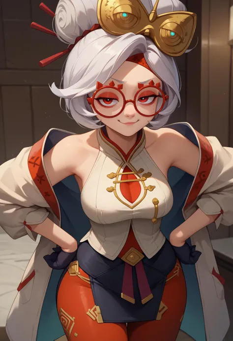 score_9, score_8_up, score_7_up BREAK  <lora:purah-pdxl-nvwls-v1:1> purah, smug, hands on hips, hair ornament, red headband, red glasses, sleeveless shirt, white coat, black skirt, red leggings, gloves