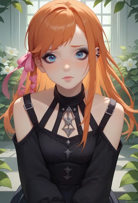 score_9, score_8_up, score_7_up break pastel goth, <lora:ryne-pdxl-nvwls-v1:0.8> ryne, hair ribbon, orange hair, blue eyes, blus...