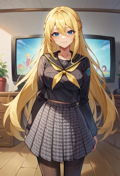 score_9, score_8_up, source_anime,  tube television, indoors,  <lora:ChamYasogamiSchoolUniformPonyXL:1> YasogamiFemaleWinter, black shirt, long sleeves, black sailor collar, yellow neckerchief, grey skirt, black pantyhose,, solo, soft smile, light smile,
1girl, blue eyes, very long hair, blonde hair, long blonde hair, french braid, bangs, hair between eyes, medium breasts,