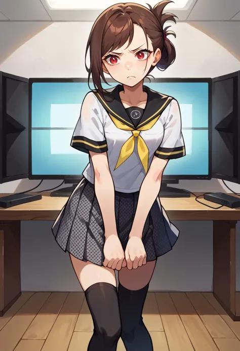 score_9, score_8_up, source_anime,  tube television, indoors,   <lora:ChamYasogamiSchoolUniformPonyXL:1> YasogamiFemaleSummer, white shirt, short sleeves, black sailor collar, yellow neckerchief, grey skirt, black thighhighs,, solo, frown,
1girl, red eyes, tsurime, brown hair, medium hair, asymmetrical bangs, swept bangs, flipped hair, folded ponytail, small breasts,