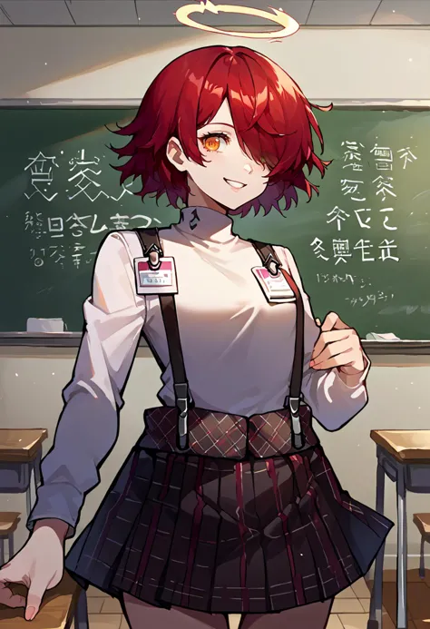 classroom, chalkboard, ai ai gasa, score_9, score_8_up, source_anime,  <lora:chamshuujinacademyuniformponyxl:1> girlsuspenders, ...