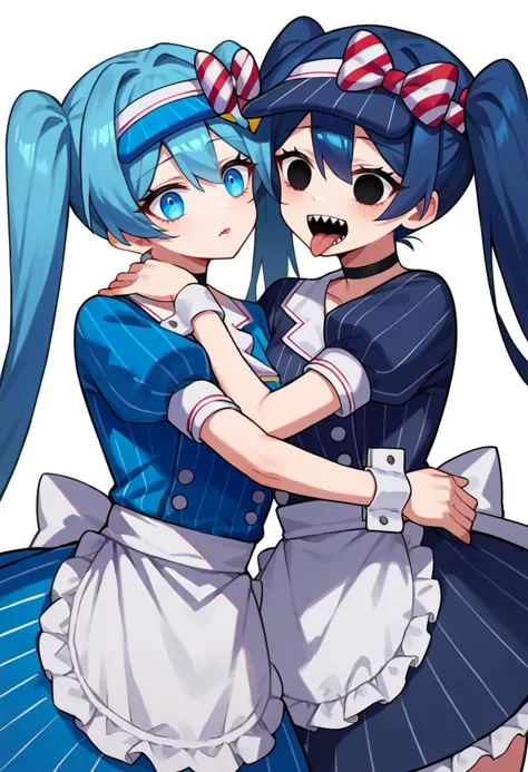 score_9, score_7_up, source_anime, solo, 2girls, <lora:vocaloid_mesmerizermiku_ponyXL:0.5>  visor cap, frills, blue dress, vertical-striped dress, buttons, puffy short sleeves, wrist cuffs, waist apron, frilled apron, black choker, hug, twintails, hair bow, striped bow, blue hair, 
BREAK mesmerizermiku, blue eyes,  
BREAK sharp teeth, tongue out, black eyes, empty eyes,