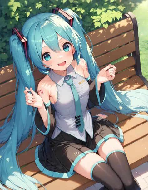 score_9, score_8_up,score_7_up,score_6_up, 1girl is sitting on a park bench, detached sleeves, blush, smile, open mouth, hatsune miku, thighhighs, black skirt, 
<lora:yuushi_tessen_style_pony6_v1-000028:1>