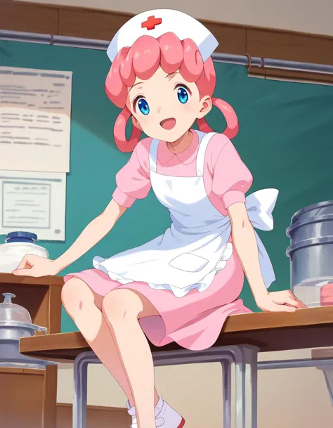 anime girl in a pink dress sitting on a table with a pot