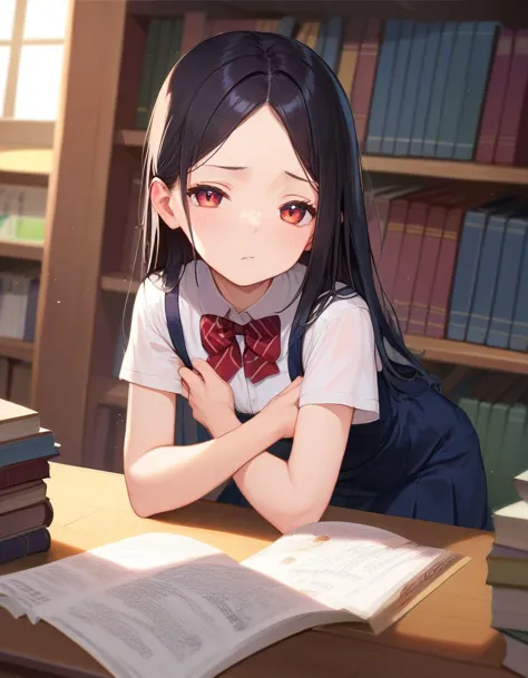 anime girl sitting at a desk with a book and a book