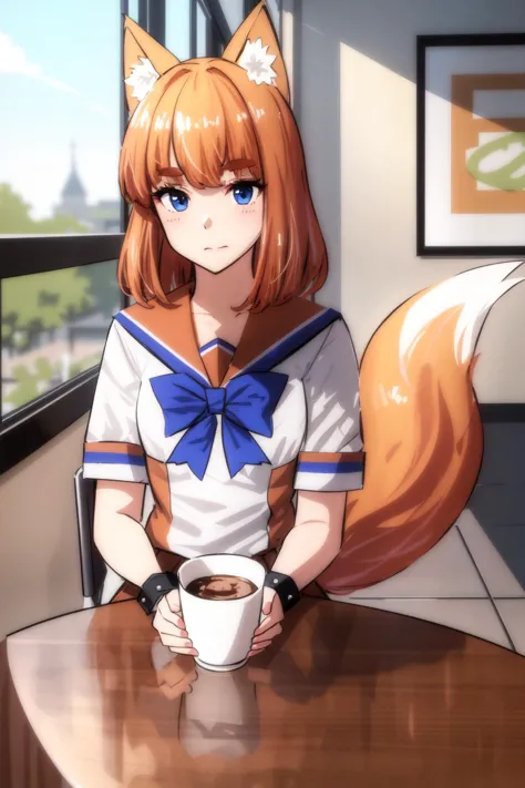 Highly detailed, High Quality, Masterpiece, beautiful, firefox-chan, bowtie, school uniform, sailor collar, blue pleated skirt, wrist cuffs, socks, orange shoes, tail, <lora:Char_Meme_MozillaFirefox:0.8>, food, simple background, elbows on table, cup, blurry background, indoors, upper body, <lora:Pos_AcrossTable:1>