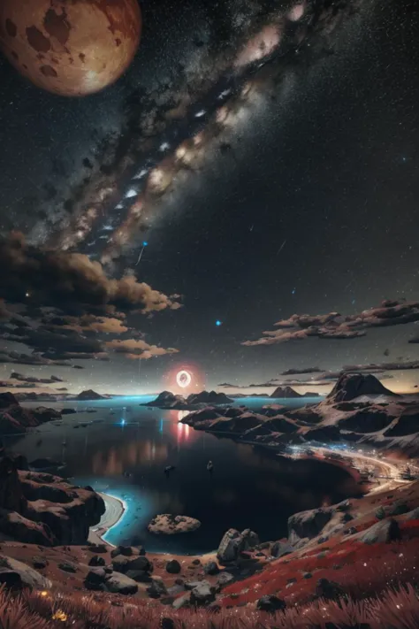 a view of a lake with a bright moon in the background