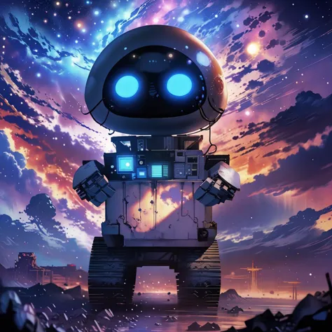 a robot standing in the middle of a field with a sky background