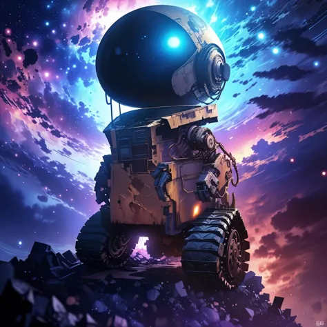 a close up of a robot with a helmet on on a rock