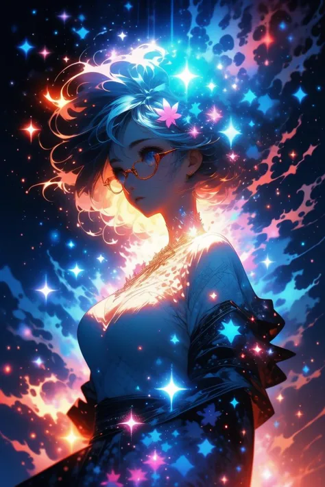 a woman with stars in her hair and a dress