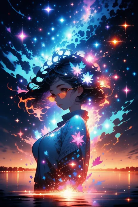 a girl with long hair and stars in her hair stands in the water