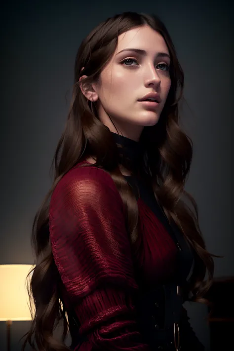 a close up of a woman with long hair wearing a red dress