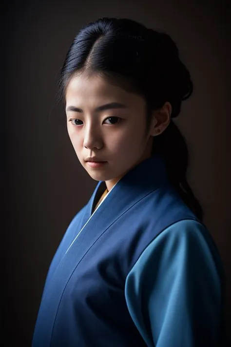 a woman in a blue kimono is posing for a picture