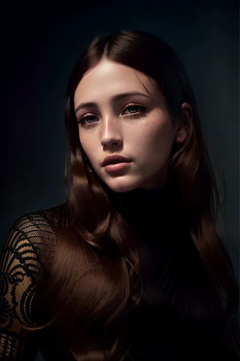 a close up of a woman with long brown hair and a black top