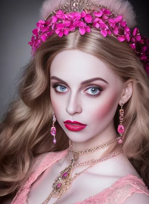 a close up of a woman with a pink dress and a pink flower crown