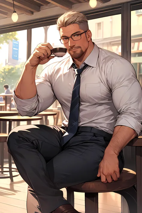 Sitting at cafes drink a coffee, uniform, tie, Black-rimmed glasses, eating a cake,
(8K, HDR, best quality, highres, absurdres:1...