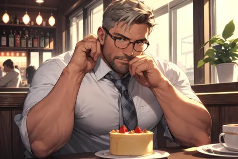 Sitting at cafes drink a coffee, uniform, tie, Black-rimmed glasses, eating a cake, 
(8K, HDR, best quality, highres, absurdres:...