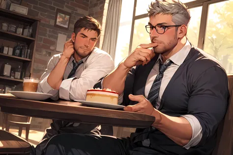 Sitting at cafes drink a coffee, uniform, tie, Black-rimmed glasses, eating a cake,
(8K, HDR, best quality, highres, absurdres:1...