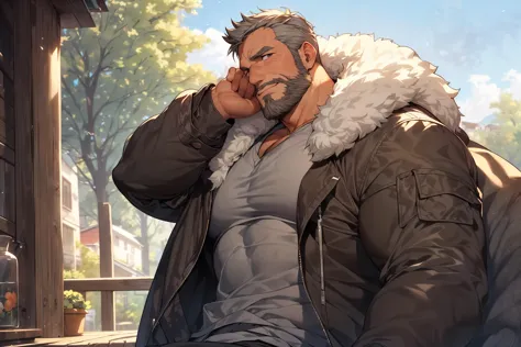 Bare chest, only wear jacket and briefs, shepherd, sheep,
(8K, HDR, best quality, highres, absurdres:1.2), specular lighting, radiosity, physically-based rendering, (establishing shot), (looking away:1.2),
slightly frown, slightly smiling, dynamic pose,
1daddy, (40 years old), grey hair, beard, chubby daddy, extremely handsome, bulge,
<lora:add_detail:0.4> <lora:Nijimale-Glimmer:0.6>