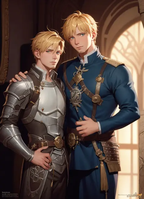 attractive arthur pendragon and his attractive male knight, they are in love, natural lighting, path traced, highly detailed, hi...