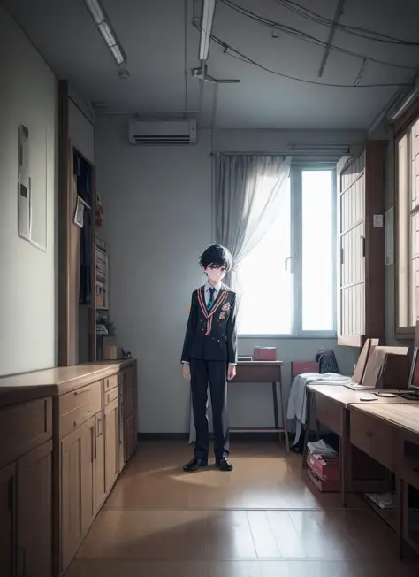 Boy in school uniform, japan apartment, window, dramatic cozy arts, warm aesthetic, volumetric light, noise film photo, octane r...