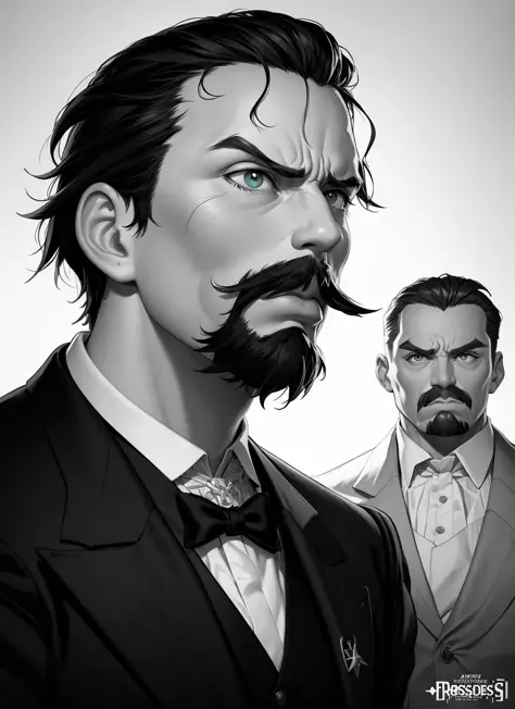 Friedrich Nietzsche with a chiseled Jawline and serious Look in his Suit, in the Style of Artgerm and Ross Draws and Mike Mignol...