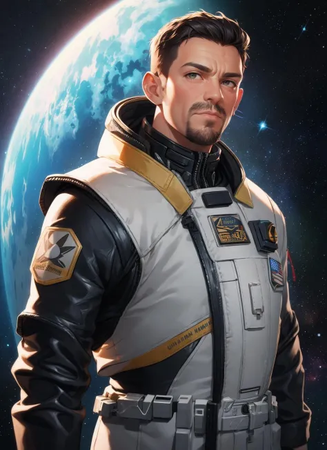 upper body portrait of mature male wearing leather spacesuit, detailed, sunshine, nebula space background, illustration by normal rockwell, artstation character art, john william waterhouse, concept art, greg rutkowski