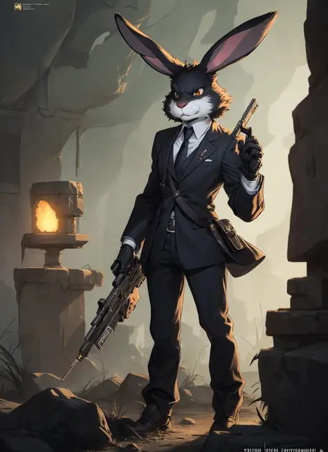 furry rabbit male hitman, dynamic lighting, fantasy concept art, stunning visuals, cinematic, ultra detailed, comic strip style