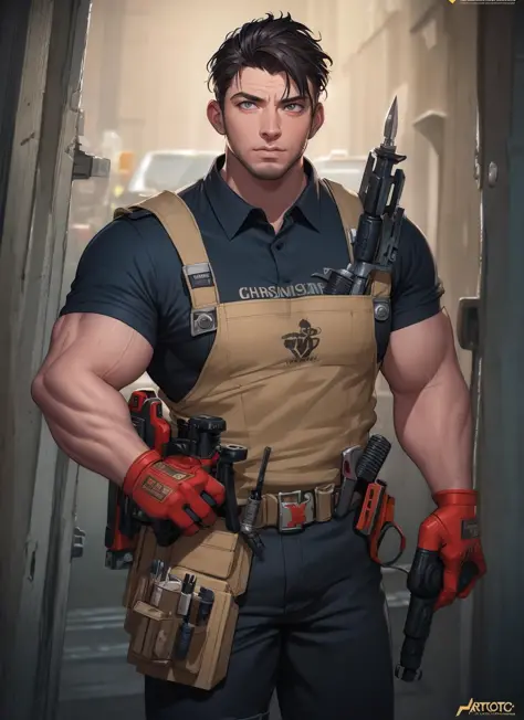 epic portrait a slightly muscular male wearing short sleeved uniform and carrying a red power tool drill, detailed, centered, di...