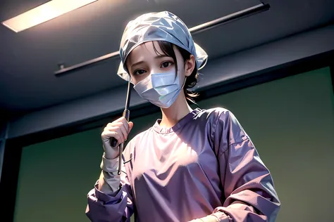 (RAW photo, best quality), 1girl, long sleeve surgical outfit, surgical mask,  surgical gloves, in operating room background, ov...