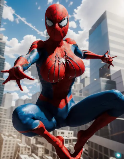 3d female SpidermanClasic , sexy <lora:SpidermanClasic_v1.0:0.7>  
flying with buildings in the background, dynamic pose, masterpiece, highres, photorealistic, best quality, perfect lighting, adult, mature, female, 1girl, 8k,  realistic, photo-realistic, u...