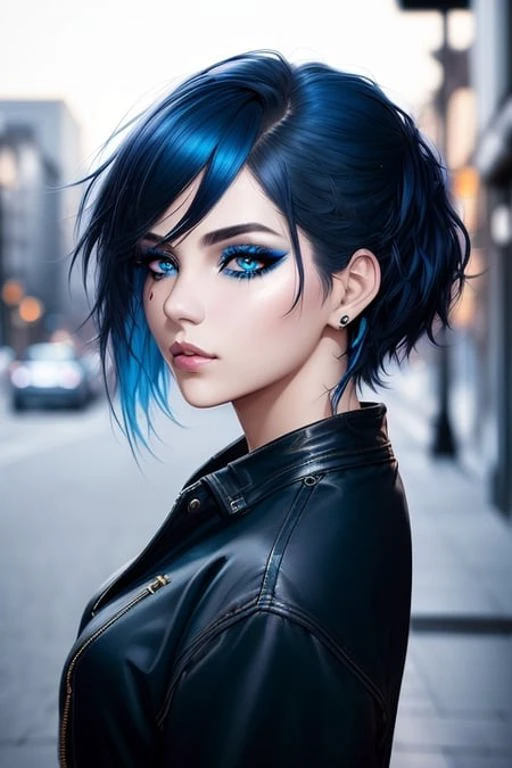 schönes Mädchen, Halbkörperporträt, kurzes, hellblaues, zerzaustes Haar, Schwarzer Lidschatten, (Streetstyle-Kleidung:1.2), (Stadthintergrund:1.2), dunkles Make-up, digital art, Trends auf Artstation, highly ausführlich, Feines Detail, kompliziert,  beautiful ausführlich glow, ausführlich, filmisches Licht, highres, ausführlich facial features,scharfer Fokus, Glatt, ästhetisch,